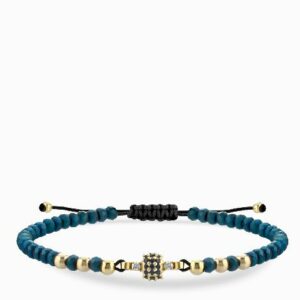 bracciale laccio in oro giallo con ematite blu e centrale di diamanti e zaffiri