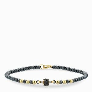 bracciale laccio in oro giallo con ematite e centrale di diamanti bianchi e diamanti neri