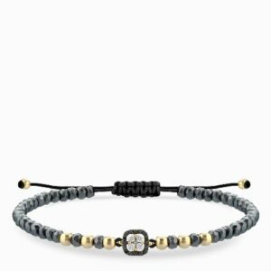 bracciale laccio con emtatie e palline in oro giallo centrale di diamanti bianchi e neri