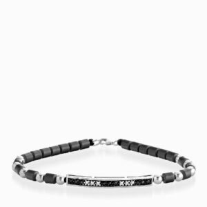 bracciale in oro bianco con ematite e bacchetta centrale di diamanti e diamanti neri