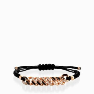 bracciale in oro rosa con laccio e groumetta centrale di diamanti e smaltato