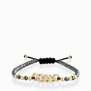 bracciale in oro giallo con ematite e grumetta centrale con diamanti e smaltata