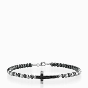 bracciale rigido in oro bianco con croce centrale di diamanti e diamanti neri