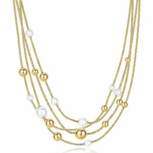 Collana PERFECT in acciaio 316L, finitura pvd colore oro, multifilo con sfere e perle di conchiglia