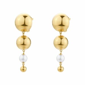Orecchini pendenti PERFECT in acciaio 316L, finitura pvd colore oro, con sfere e perle di conchiglia