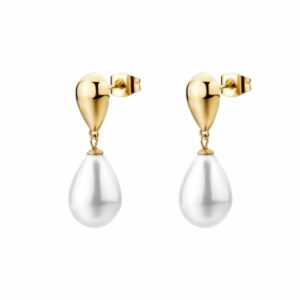 Orecchini pendenti PERFECT in acciaio 316L, finitura pvd colore oro, con perle di conchiglia