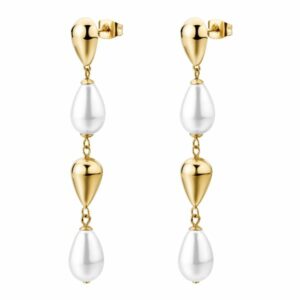 Orecchini pendenti PERFECT in acciaio 316L, finitura pvd colore oro, con perle di conchiglia