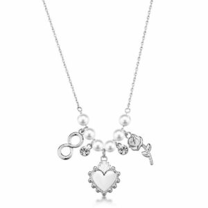 Collana CHAKRA in acciaio 316L, con pendenti cuore, rosa e infinito, con cristalli e perle di conchiglia