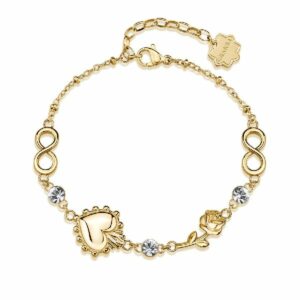 Bracciale CHAKRA in acciaio 316L, finitura pvd colore oro, con cuore, rosa, infinito e  cristalli