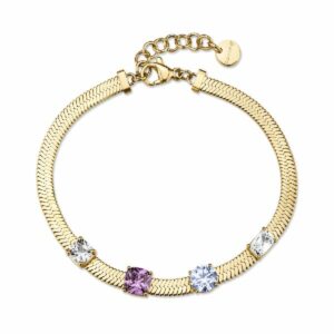 Bracciale DREAMING in acciaio 316L, finitura pvd colore oro, con cubic zirconia round, cushion, square e baguette light sapphire