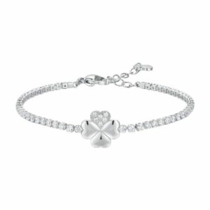BRACCIALE TENNIS DONNA IN ACCIAIO CON QUADRIFOGLIO E PUNTI LUCE ZIRCONE BIANCO