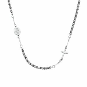 COLLANA ROSARIO UOMO CON PIETRE EMATITE GRIGIA. MADONNA MIRACOLOSA E CROCE IN AC