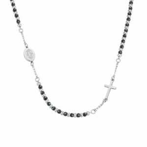 COLLANA ROSARIO UOMO MODELLO GIROCOLLO CON PIETRE EMATITE NERA. MADONNA MIRACOLO