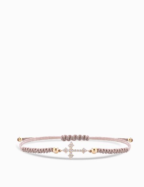 bracciale con laccio beige croce di brillanti in oro giallo