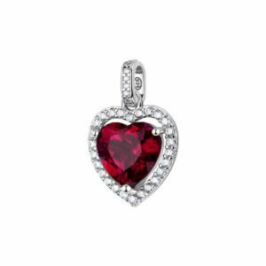 Pendente in argento rodiato 925‰ a forma di cuore con cubic zirconia chiari e cubic zirconia colore ruby.