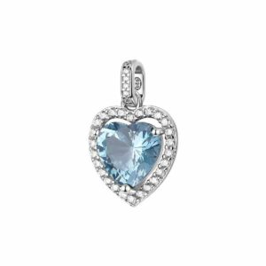 Pendente in argento rodiato 925‰ a forma di cuore con cubic zirconia chiari e cubic zirconia colore light sapphire.