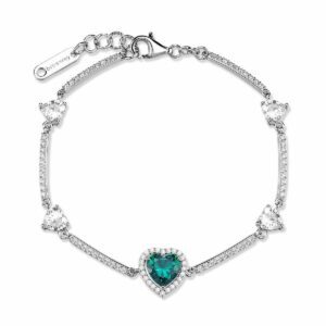 Bracciale semirigido in argento rodiato 925‰ con cuori, cubic zirconia chiari e cubic zirconia colore emerald.