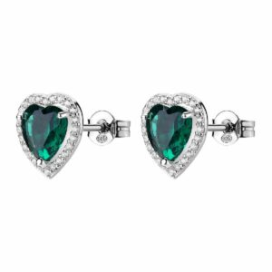 Orecchini a lobo in argento rodiato 925‰ a forma di cuore con cubic zirconia chiari e cubic zirconia colore emerald.