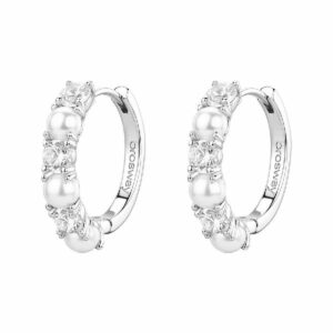 Orecchini a cerchio in argento rodiato 925‰ con perle di conchiglia e cubic zirconia.