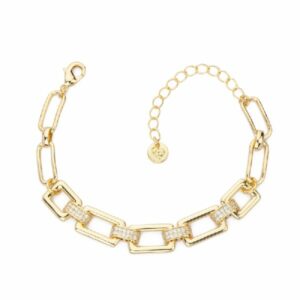 Bracciale catena ed elementi rettangolari in brass liscio e dorato alternati con link a barretta in pavè di zirconi clear - Misura Regolabile