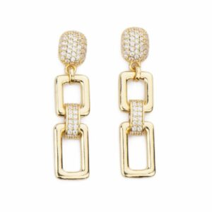 Orecchini top con link a barretta in pavè di zirconi clear ed elementi rettangolari in brass dorato