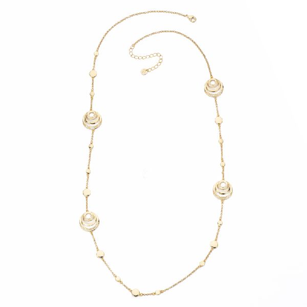 Collana catenina con pastigliette in brass liscio e dorato alternati a cerchi sovrapposti in pavè di zirconi clear - misura regolabile