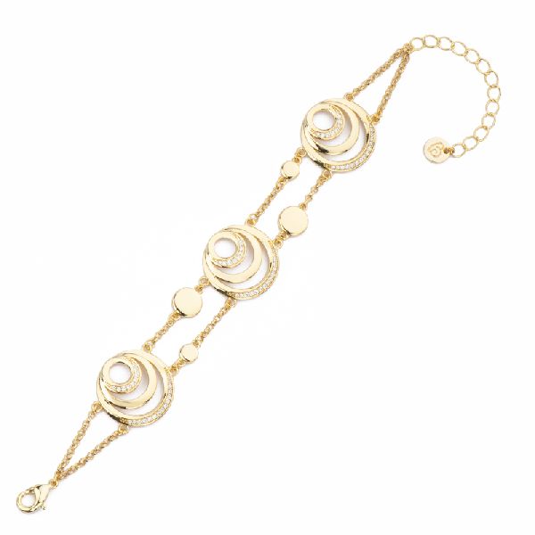 Bracciale doppia catenina con pastigliette in brass liscio e dorato alternati a cerchi sovrapposti in pavè di zirconi clear - Misura Regolabile