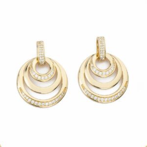 Orecchini top a barretta in brass dorato con pendente a cerchi sovrapposti in pavè di zirconi clear