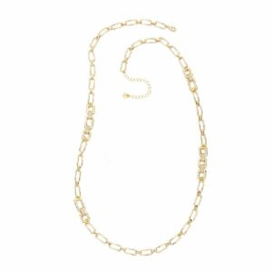 Collana catena ed elementi rettangolari in brass liscio e dorato alternati con link a barretta in pavè di zirconi clear  - misura regolabile