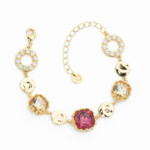 Bracciale cristalli Lt. topaz e magenta con frame increspato alternati a beads in brass dorato e dischi con zirconi clear - Misura Regolabile