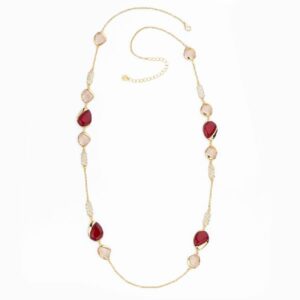 Collana catena alternata a gocce bombate in cristallo rubino e topazio in brass dorato ed elementi in pavè di zirconi clear  - misura regolabile