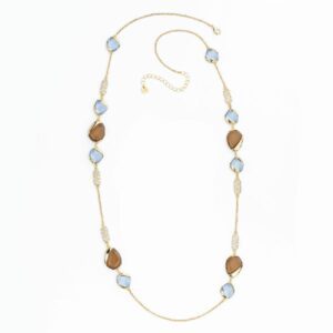 Collana catena alternata a gocce bombate in cristallo azzurro e topazio in brass dorato ed elementi in pavè di zirconi clear  - misura regolabile