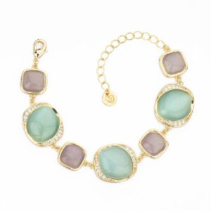 Bracciale elementi in brass dorato ed intarsio in cat eye violet e acqua alternati con frame di zirconi clear - Misura Regolabile