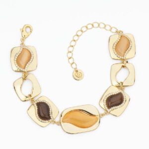 Bracciale elementi alternati in brass dorato con intarsio a foglia in cat eye chocolate e lt. peach con frame di zirconi - Misura Regolabile