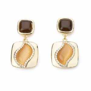 Orecchini top carrè con cat eye lt. peach e pendente in brass dorato con intarsio a foglia chocolate ed frame di zircone clear