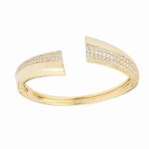 Bracciale brass bombato dorato liscio e con pavè di zirconi clear apribile a scatto - Misura Regolabile