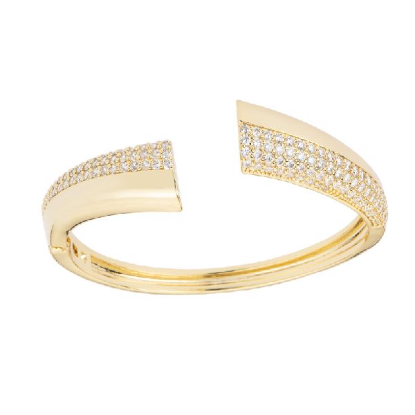 Bracciale brass bombato dorato liscio e con pavè di zirconi clear apribile a scatto - Misura Regolabile