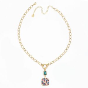 Collana catena in brass dorato e pendente con cristallo London Blue con carrè in pavè di zirconi pink,fucsia e blu pavone  - misura regolabile