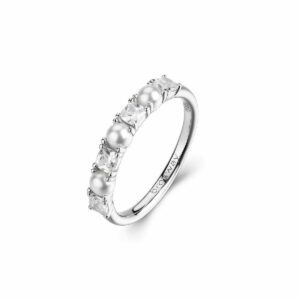 Anello in argento rodiato 925‰ con perle di conchiglia e cubic zirconia.