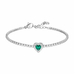 BRACCIALE TENNIS DONNA IN ACCIAIO CON CUORE CON ZIRCONI VERDI E BIANCHI