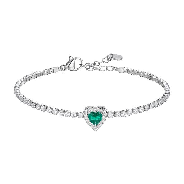 BRACCIALE TENNIS DONNA IN ACCIAIO CON CUORE CON ZIRCONI VERDI E BIANCHI