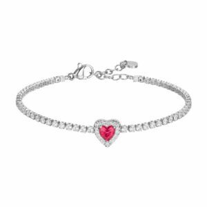 BRACCIALE TENNIS DONNA IN ACCIAIO CON CUORE CON ZIRCONI ROSSI E BIANCHI