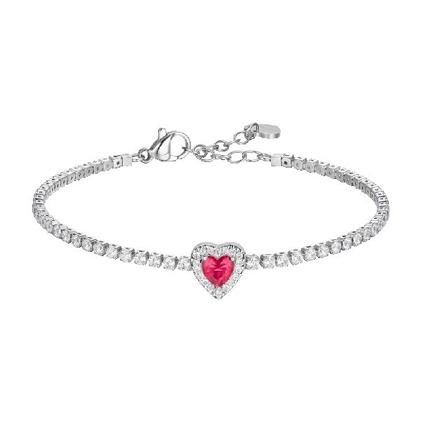 BRACCIALE TENNIS DONNA IN ACCIAIO CON CUORE CON ZIRCONI ROSSI E BIANCHI