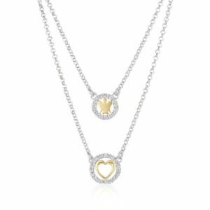 Collana doppia catena con angelo, cuore e zirconi