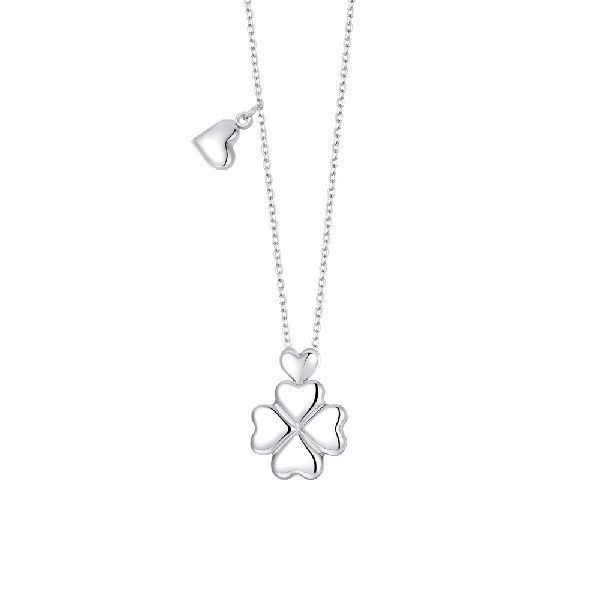 Collana in acciaio con quadrifoglio e charm cuore