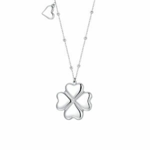 Collana in acciaio con quadrifoglio e charm cuore