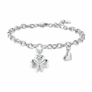 Bracciale in acciaio con quadrifoglio e charm cuore