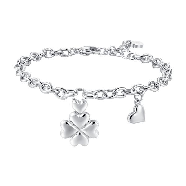 Bracciale in acciaio con quadrifoglio e charm cuore