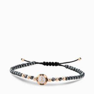 bracciale a monetina in oro rosa con diamanti neri ancoretta ed ematite grigia