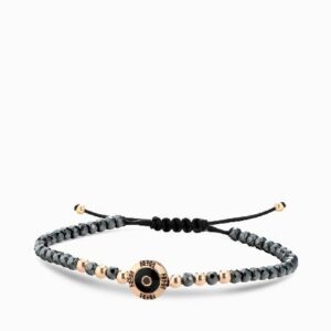 bracciale a monetina in oro rosa con diamanti neri ed ematite grigia